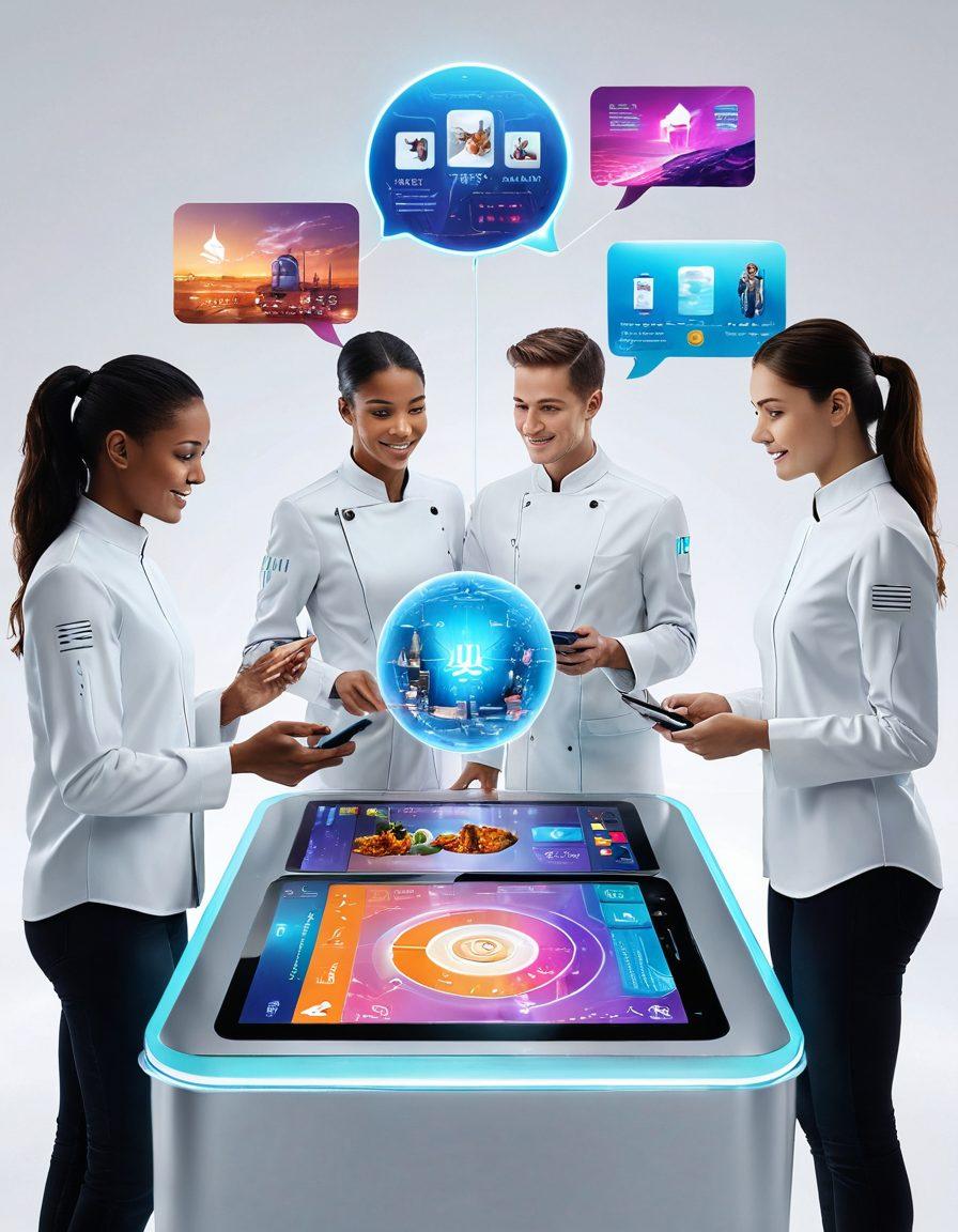 A futuristic scene showcasing diverse individuals interacting with advanced AI technology, each receiving personalized assistance for their unique needs. Include vibrant holographic displays emanating from smartphones and smart devices, representing various requests like cooking, travel, and fitness. The atmosphere is lively and dynamic, symbolizing efficiency and satisfaction. super-realistic. vibrant colors. white background.