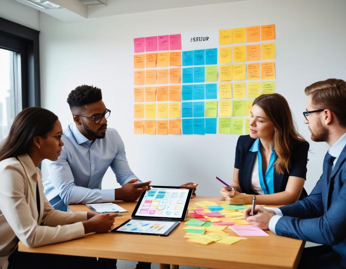 A diverse team of professionals brainstorming around a table, filled with colorful post-it notes and charts that represent tailored solutions. One team member is presenting a digital tablet displaying a clear vision of support strategies. The room has an urgency highlighted by a clock showing time ticking down, and motivational quotes on the walls. The scene radiates teamwork, innovation, and client-centric focus. vibrant colors. super-realistic.