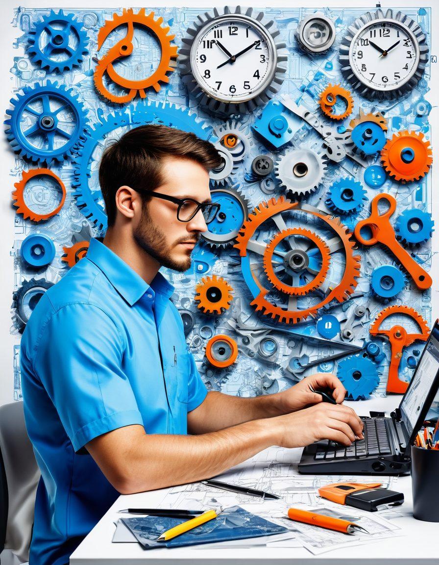 A skilled artisan at a cluttered workbench, crafting a unique service tool with blueprints and digital devices around, showcasing creativity and customization. Beside them, a clock ticks urgently, symbolizing prompt support for clients. The background hints at collaboration, featuring bright colors and dynamic elements like gears and circuit patterns. super-realistic. vibrant colors. white background.